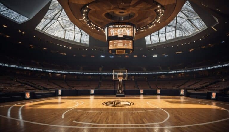 A basketball court with NBA logos, championship trophies, and iconic player jerseys displayed in a museum setting