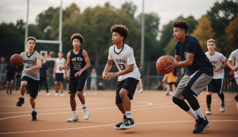 Teenagers practicing basketball drills on a court with cones, basketballs, and a coach, surrounded by cheering spectators