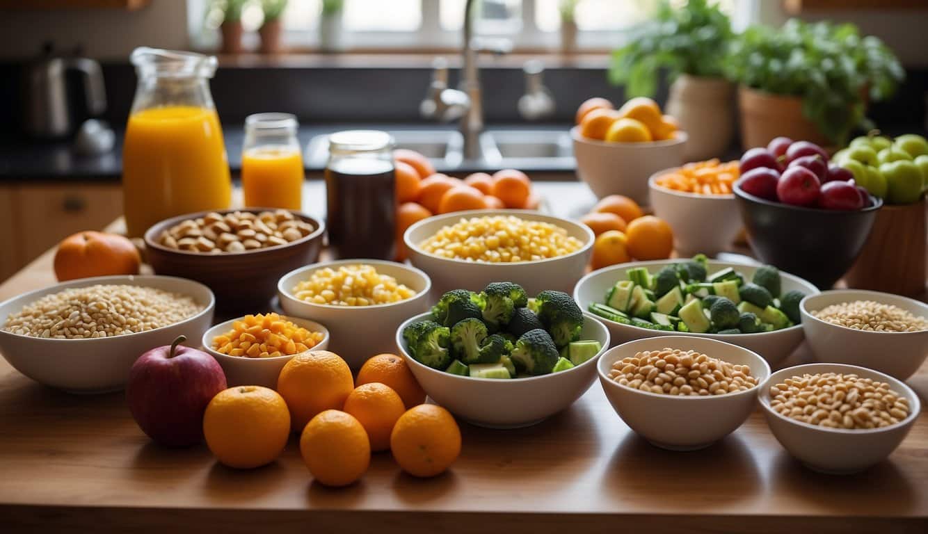 A basketball player's meal prep: fruits, vegetables, lean proteins, and whole grains laid out on a kitchen counter