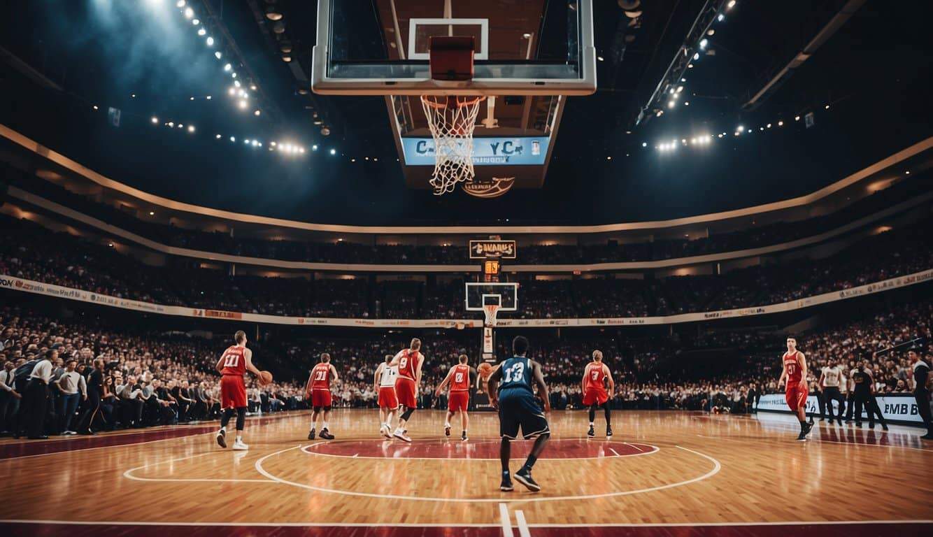 A basketball court with players in action, surrounded by enthusiastic fans and team banners