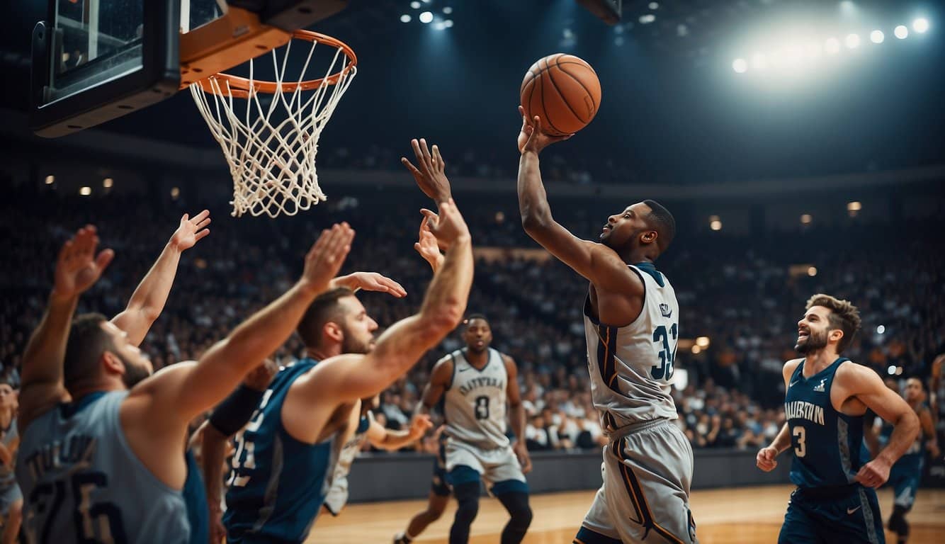 Basketball players competing in a packed arena, with the ball flying through the air towards the hoop, while fans cheer and wave flags