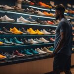A basketball player selecting shoes from a display of various styles and colors
