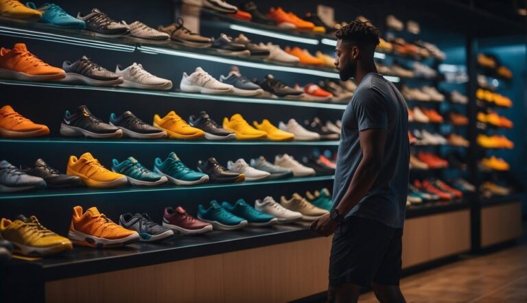 A basketball player selecting shoes from a display of various styles and colors