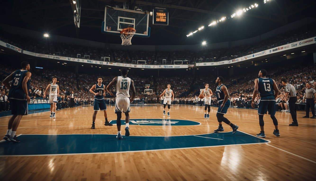 A basketball court with players in action, coaches on the sidelines, and fans cheering in the stands. The scene depicts the various career opportunities in basketball