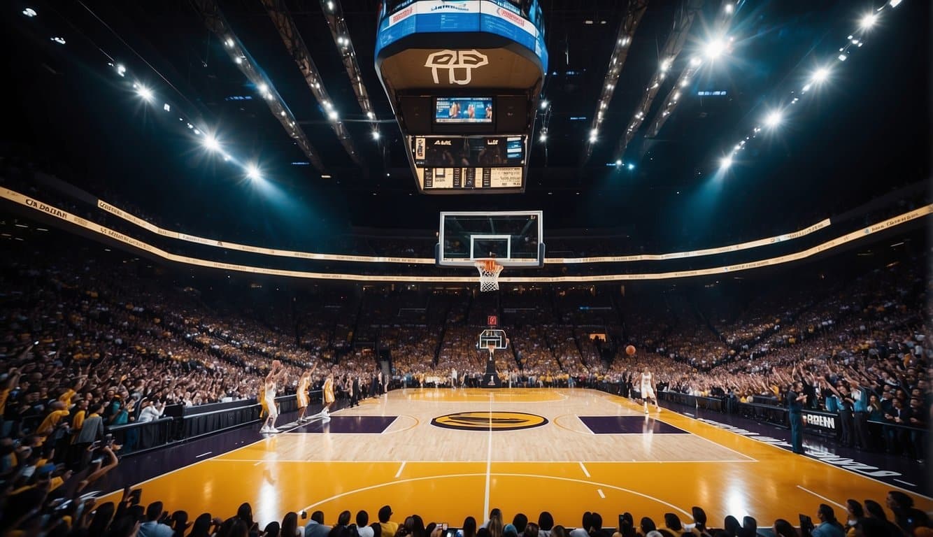 A packed basketball arena with historic game action, intense players, and cheering fans creating an electric atmosphere