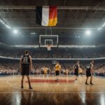 A basketball court in Germany with players in action, surrounded by cheering fans and a backdrop of the German flag