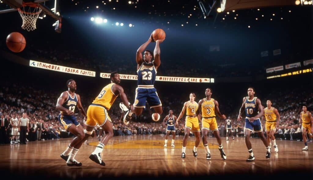 The founding of the NBA and its early years, with basketball players in action, fans cheering, and the league's logo prominently displayed