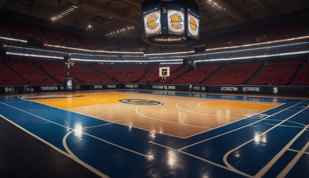 A basketball court with dominant NBA teams' logos and iconic player jerseys displayed on the walls