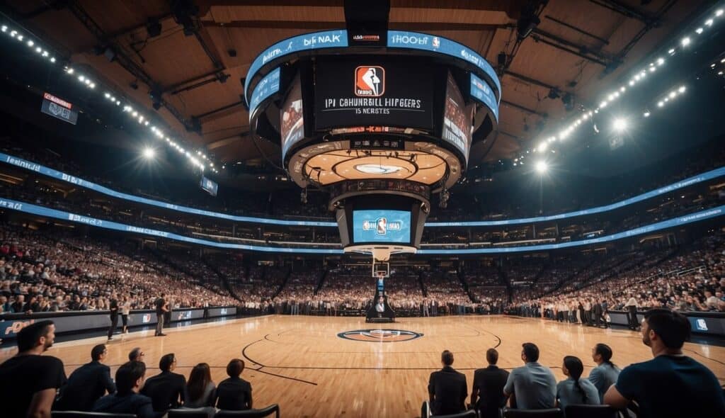 A basketball court filled with modern NBA teams, surrounded by fans and media, with digital screens displaying current game statistics and player highlights