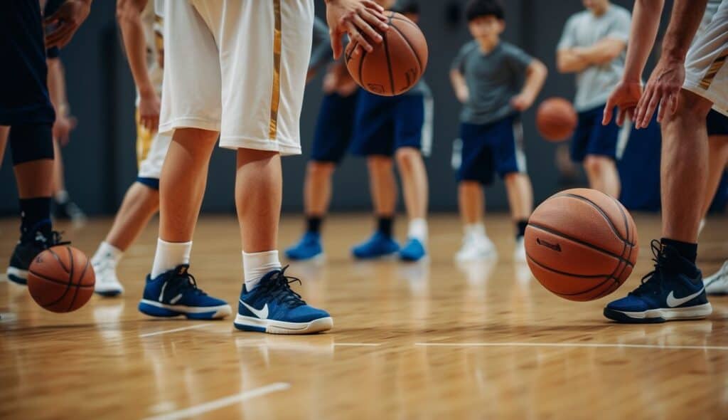 A group of young basketball players practicing dribbling and shooting drills on a court with a coach giving instructions