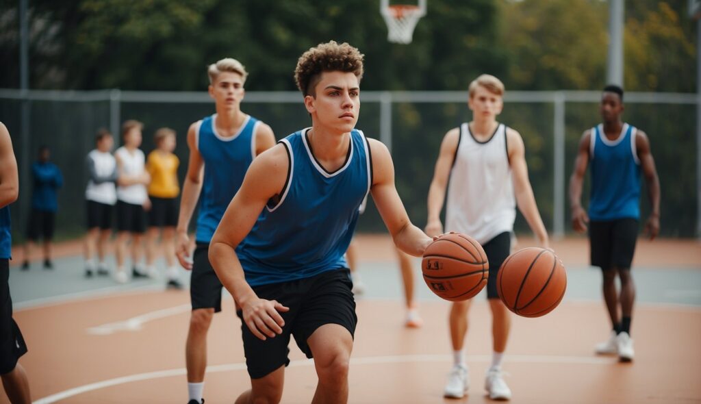 A group of teenagers engage in basketball training, focusing on physical and athletic development