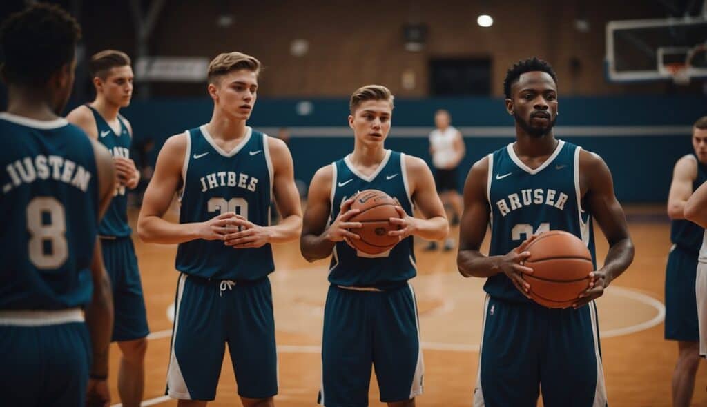 A group of young basketball players engage in team-building exercises and mental training on the court