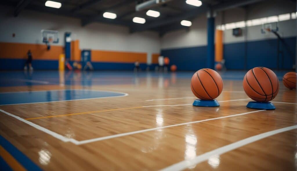 A basketball court with cones, agility ladder, and basketballs for youth training