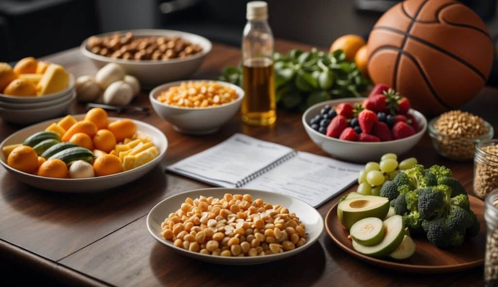 A basketball court with a player's meal plan, including fruits, vegetables, grains, and protein, laid out on a table
