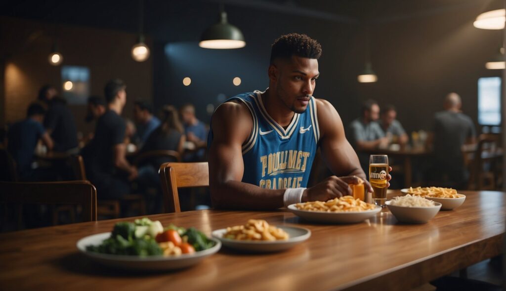 A basketball player sits at a table, planning meals and eating at specific times. Nutritional guidelines and food are visible in the scene
