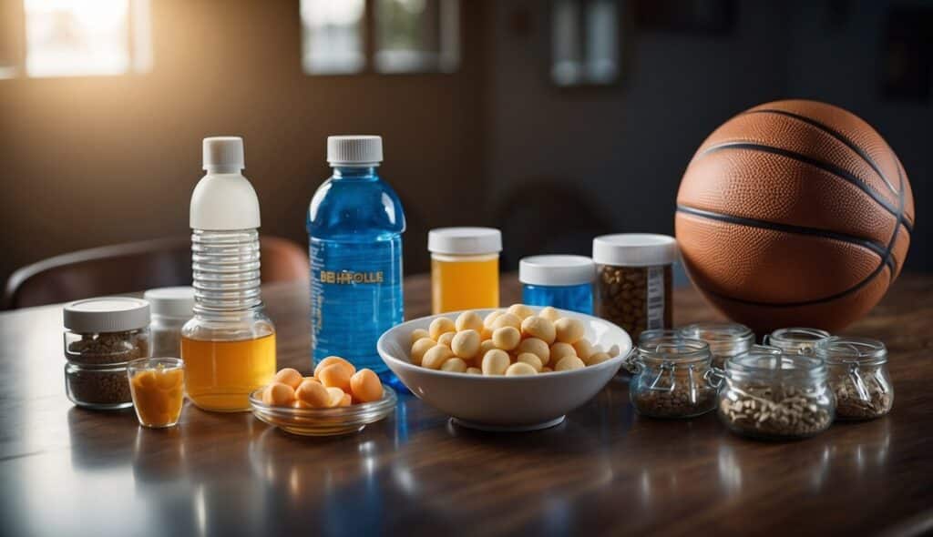 A basketball player's table with specific supplements and hydration essentials