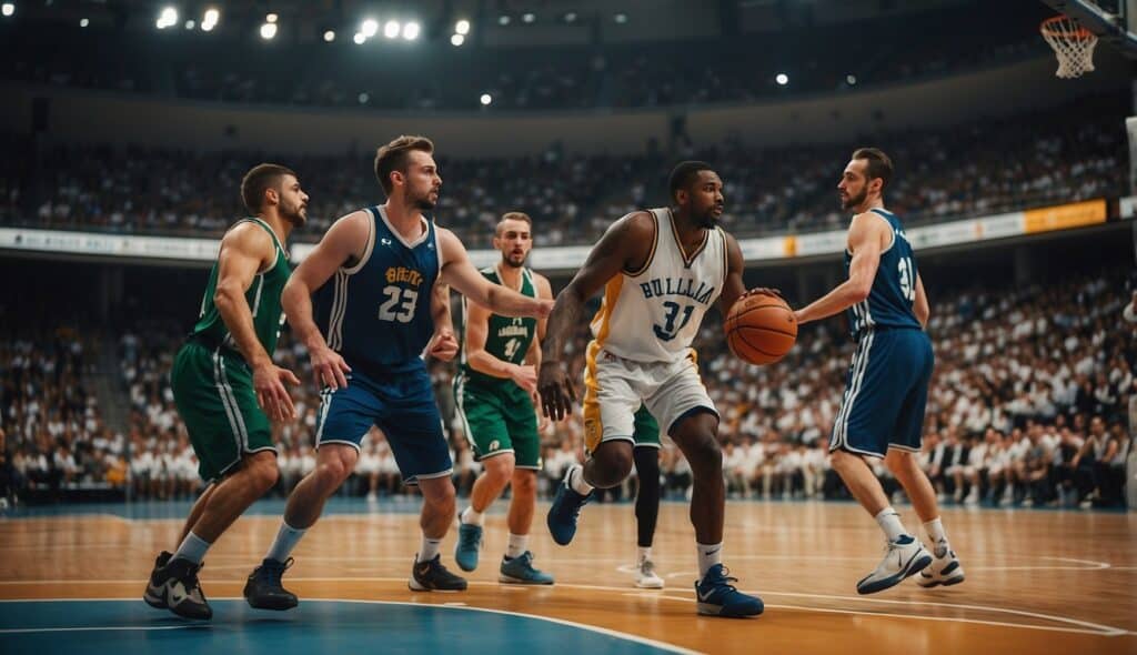 A basketball court with players from various European leagues in action, showcasing the history and development of European basketball