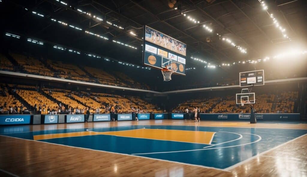 A basketball court with multiple teams competing, flags of European countries in the background, scoreboard displaying scores