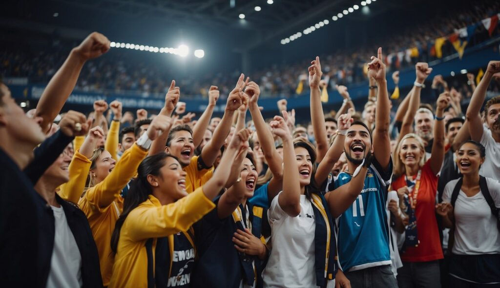 The basketball court is filled with cheering fans, waving flags from different countries. Players from diverse backgrounds celebrate together after a thrilling game