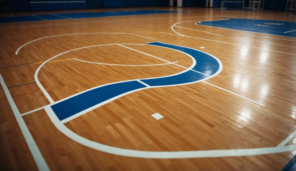 A basketball court with standard dimensions and markings, including center circle, free-throw line, three-point line, and key