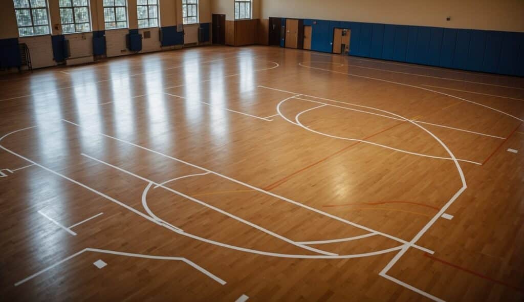 A basketball court with dimensions and markings, including hoops, lines, and other equipment