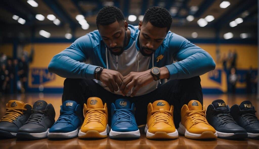 A basketball player carefully selecting the right shoes from a variety of options, considering factors like fit, support, and traction