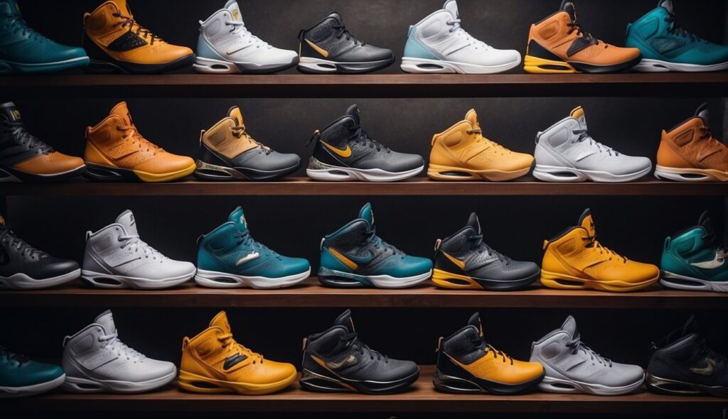 A display of popular basketball shoe brands and models for players to choose from
