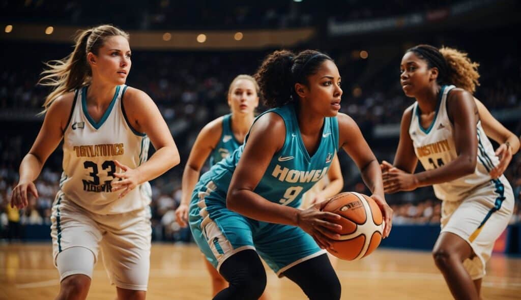 A group of women from different countries playing basketball on a global stage, showcasing the history and impact of women's basketball worldwide