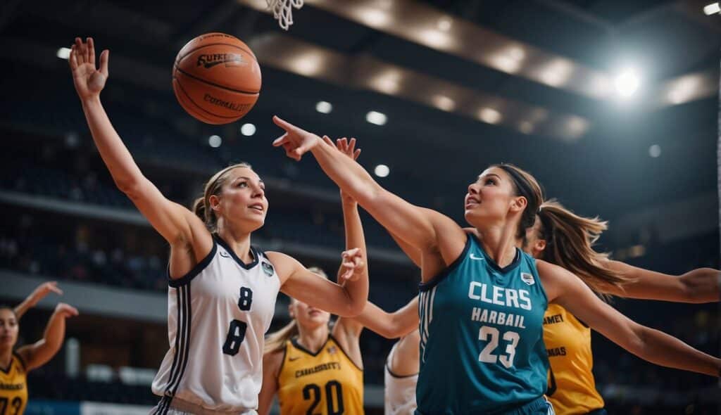 A global women's basketball scene with teams and players in action