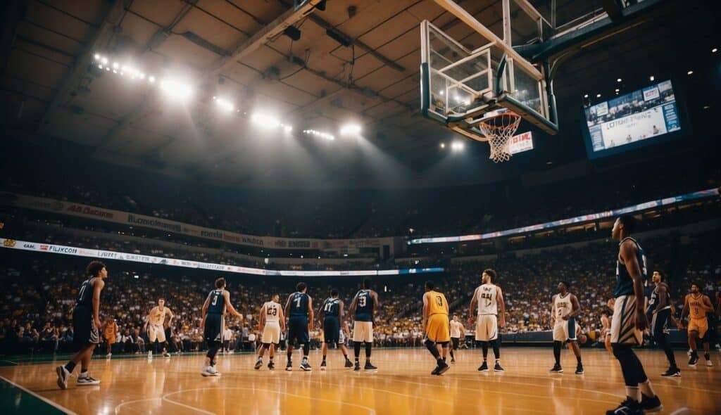 A basketball court with players in action, coaches on the sidelines, and fans cheering in the stands. The atmosphere is electric with the thrill of competition and the potential for career advancement in the sport
