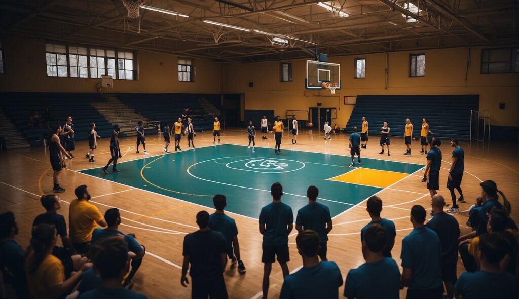 A basketball court with players training and coaches instructing. Emphasis on skill development and career progression opportunities