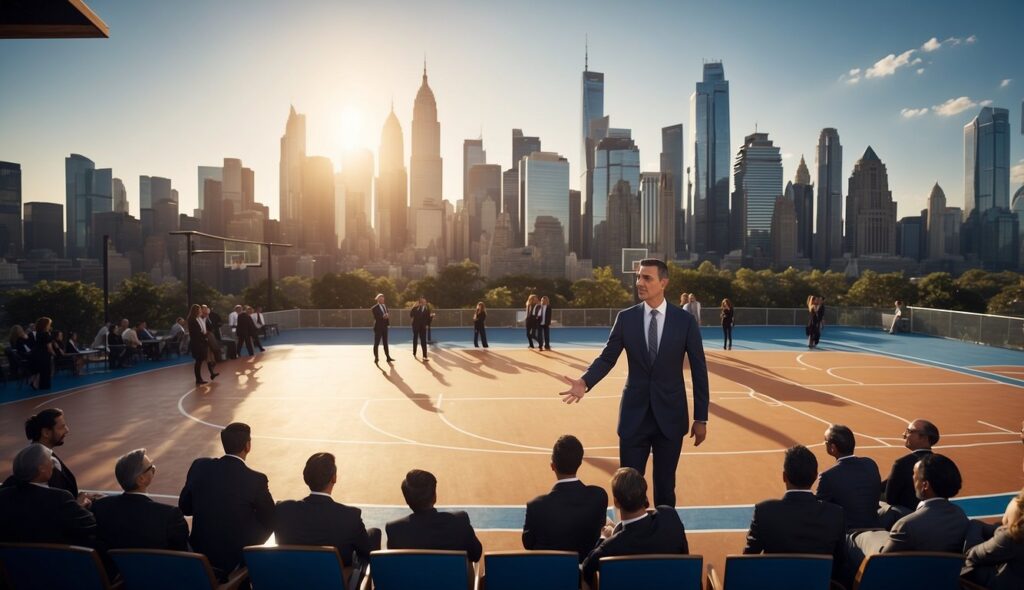 A basketball court with a backdrop of city skyline, featuring corporate logos and business professionals in suits networking and discussing career opportunities