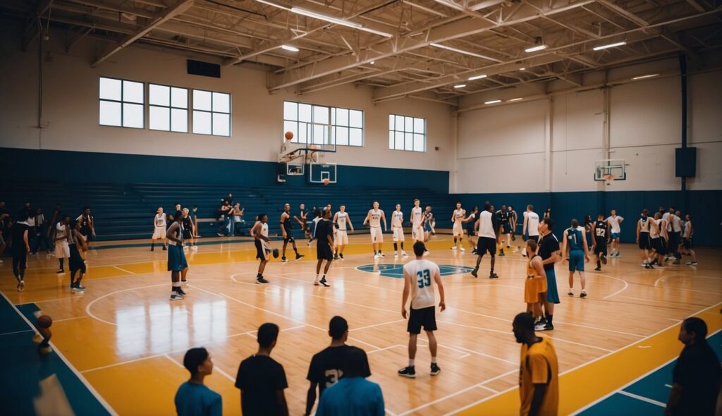 A basketball court filled with players practicing and coaches strategizing, with networking and professional development opportunities visible in the background
