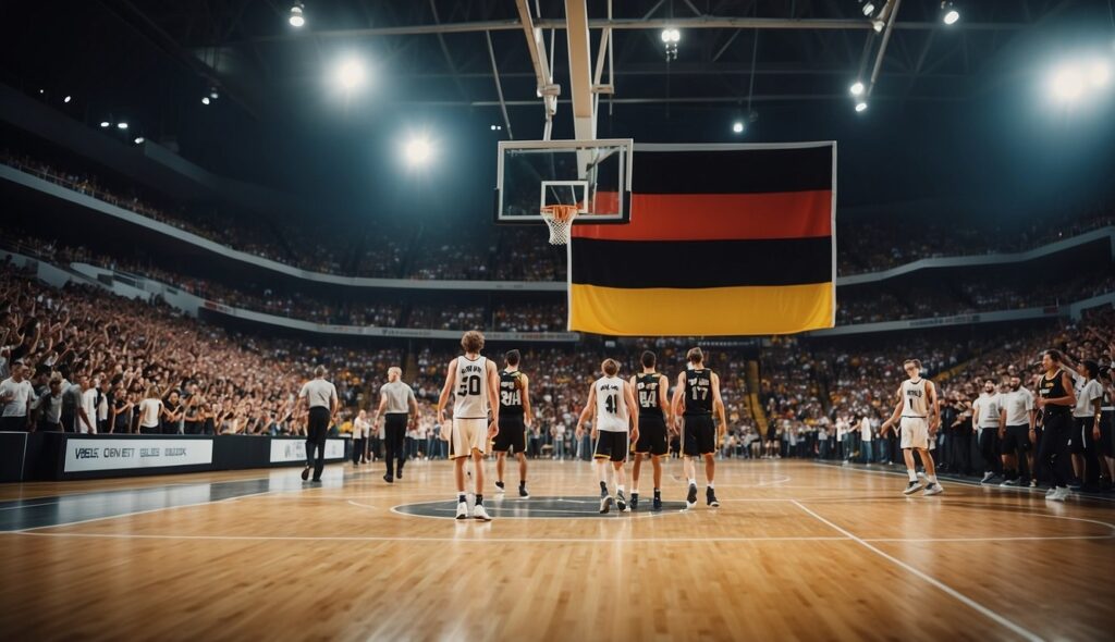 A basketball court with German flag colors, players in action, and enthusiastic fans cheering in the background